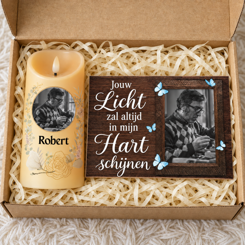 Gepersonaliseerde herinneringsset met LED-kaars en acryl fotoplaatje in cadeauverpakking